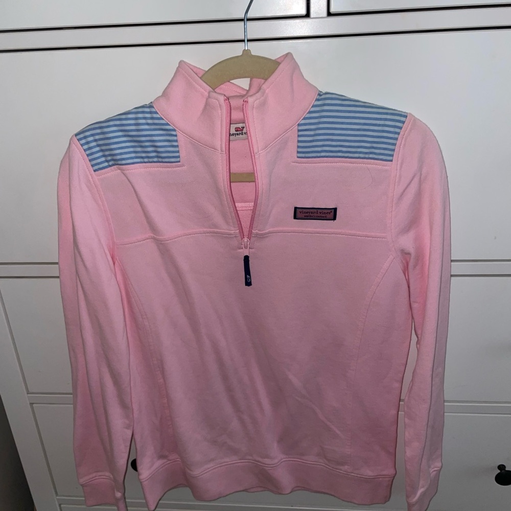 Vineyard Vines Pink Quarter-Zip with Blue Striped Shoulder Panels